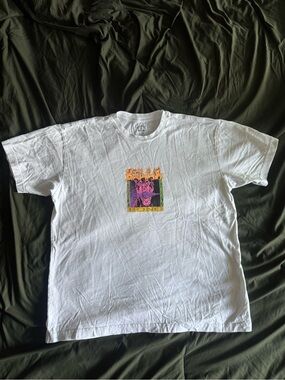 White Graphic Tee with Neon Demon Dog Print